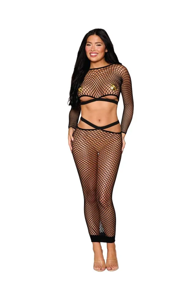 Anal DREAMGIRL INTERNATIONAL LONG SLEEVE BRALETTE NET MAXI SKIRT BLACK OS