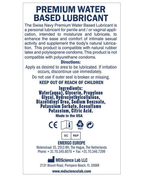 Swiss Navy Water Based Lube 8 Oz or 32 Oz MD Science Lab Vibrators