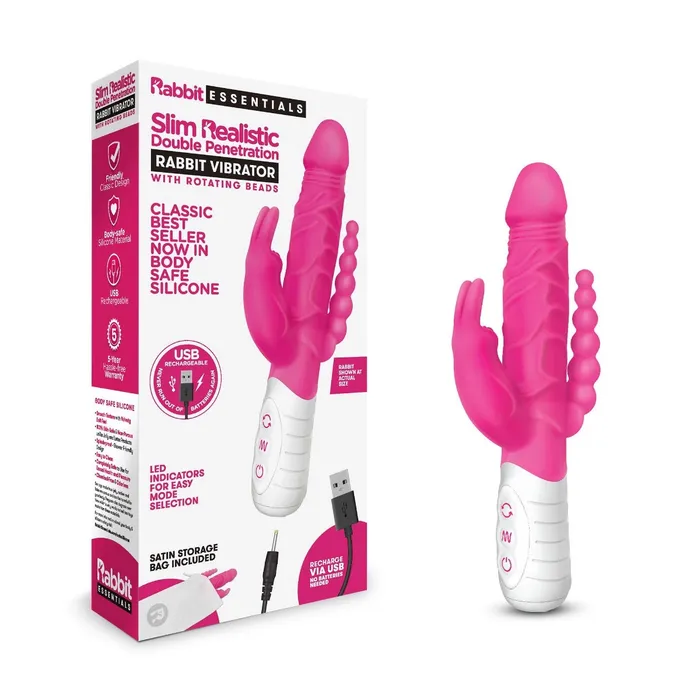 Female Sex Toys Rabbit Essentials Rabbit Essentials Slim Realistic Double Penetration Rabbit Vibrator With Rotating Beads Hot Pink