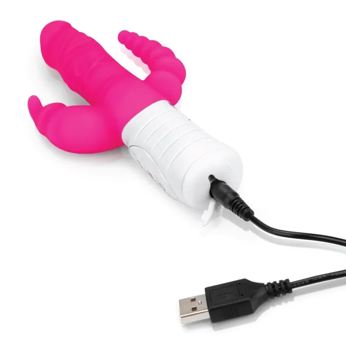 Female Sex Toys Rabbit Essentials Rabbit Essentials Slim Realistic Double Penetration Rabbit Vibrator With Rotating Beads Hot Pink